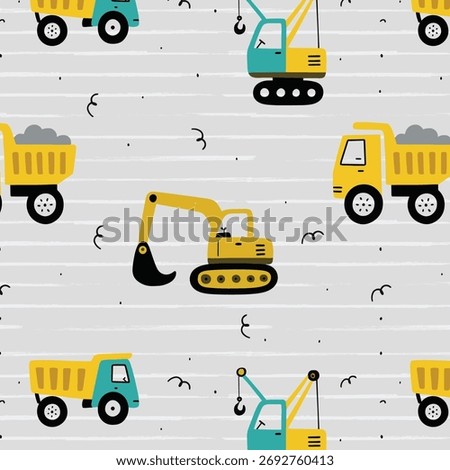 Vector hand-drawn seamless repeating children simple pattern with cars in Scandinavian style on a grey background. Kids seamless pattern with building equipment. Funny construction transport

