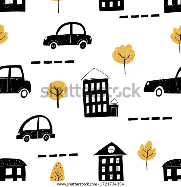 Vector hand-drawn seamless repeating\
children simple pattern with cars, houses, trees in Scandinavian\
style on a white background. Children\'s pattern with cars.\
Transport. Road. City.\
Architecture.\
