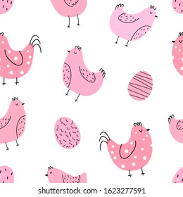 Vector hand-drawn seamless repeating color cute childish pattern with hens and Easter eggs in Scandinavian style on a white background. Easter seamless pattern with birds and eggs. Cute baby animals. 