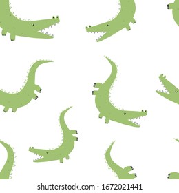 Vector hand-drawn seamless repeating color childish pattern with cute green crocodiles in Scandinavian style on a white background. Seamless pattern with crocodiles. Cute baby animals.