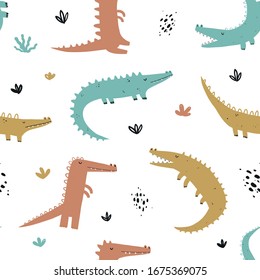 Vector hand-drawn seamless repeating color childish pattern with cute crocodiles and plants in Scandinavian style on a white background. Seamless pattern with crocodiles. Cute baby animals. Reptile
