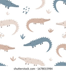 Vector hand-drawn seamless repeating color childish pattern with cute crocodiles and plants in Scandinavian style on a white background. Seamless pattern with crocodiles. Cute baby animals. Reptile
