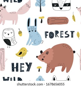Vector hand-drawn seamless repeating color childish pattern with forest animals and lettering in Scandinavian style on a white background. Scandinavian pattern with animals. Children's print.
