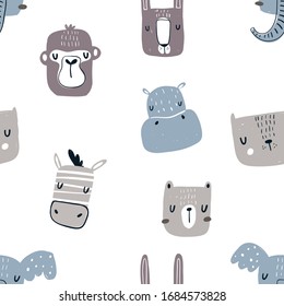 Vector hand-drawn seamless repeating color childish pattern with cute animals in Scandinavian style on a white background. Scandinavian pattern with animals. Children's print.
