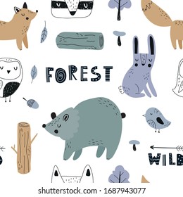 Vector hand-drawn seamless repeating color childish pattern with forest animals and lettering in Scandinavian style on a white background. Scandinavian pattern with animals. Children's print.
