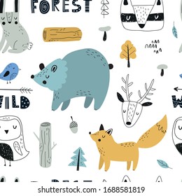 Vector hand-drawn seamless repeating color childish pattern with forest animals and lettering in Scandinavian style on a white background. Scandinavian pattern with animals. Children's print.
