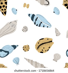 Vector hand-drawn seamless repeating color simple flat pattern with different shells on a white background. Hand draw underwater illustration with sea shells. Summer paradise holiday marine background