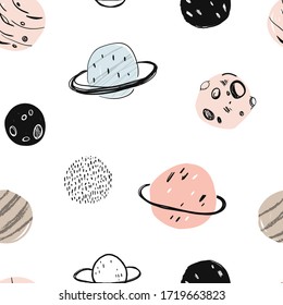Vector hand-drawn seamless repeating color simple flat pattern with different planets on a white background. Seamless pattern with planets. Space. Mars, Saturn, the moon. Asteroid, meteorite, comet.
