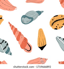 Vector hand-drawn seamless repeating color simple flat pattern with different shells on a white background. Hand draw underwater illustration with sea shells. Summer paradise holiday marine background