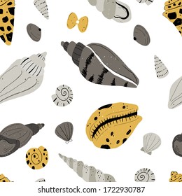 Vector hand-drawn seamless repeating color simple flat pattern with different shells on a white background. Hand draw underwater illustration with sea shells. Summer paradise holiday marine background