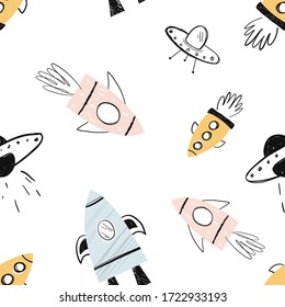 Vector hand-drawn seamless repeating color simple flat pattern with different rockets on a white background. Seamless pattern with rockets. Space. Spaceship. Flying saucer. UFO.
