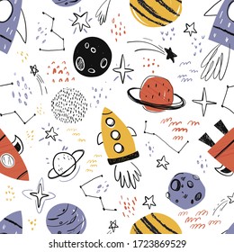Vector hand  drawn seamless repeating color simple flat pattern and different rockets  planets   doodles white background  Seamless pattern and rockets  Space  Spaceship 
