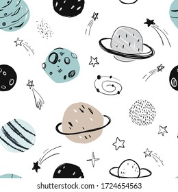 Vector hand-drawn seamless repeating color simple flat pattern with different planets on a white background. Seamless pattern with planets. Space. Mars, Saturn, the moon. Asteroid, meteorite, comet.
