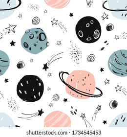 Vector hand-drawn seamless repeating color simple flat pattern with different planets on a white background. Seamless pattern with planets. Space. Mars, Saturn, the moon. Asteroid, meteorite, comet.
