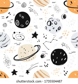 Vector hand-drawn seamless repeating color simple flat pattern with different planets on a white background. Seamless pattern with planets. Space. Mars, Saturn, the moon. Asteroid, meteorite, comet.
