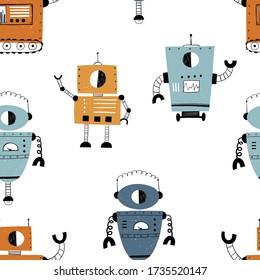 Vector hand-drawn seamless repeating color simple flat pattern with  robots, bolts, lettering and doodles  on a white background. Patter for kids with robots. Children robo background.
