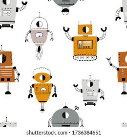 Vector hand-drawn seamless repeating color simple flat pattern with robots, bolts, lettering and doodles on a white background. Patter for kids with robots. Children robo background.
