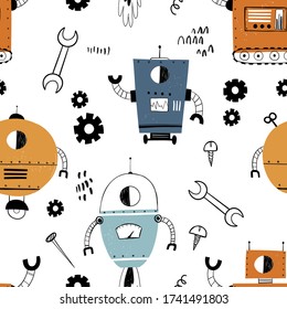 Vector hand-drawn seamless repeating color simple flat pattern with robots, bolts and doodles on a white background. Patter for kids with robots. Space. Children robo background.
