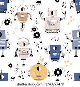 Vector hand-drawn seamless repeating color simple flat pattern with robots, bolts, lettering and doodles on a white background. Patter for kids with robots. Space. Children robo background.
