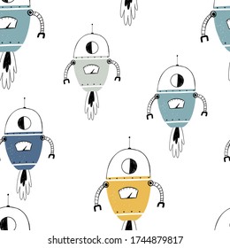 Vector hand-drawn seamless repeating color simple flat pattern with robots on a white background. Pattern for kids with robots. Children robo background.