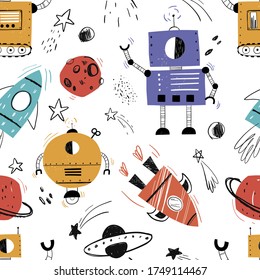 Vector hand-drawn seamless repeating color simple flat pattern with robots, planets, rockets, stars on a white background. Patter for kids with robots. Space. Children robo background.
