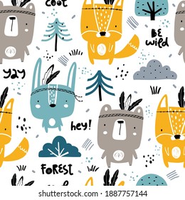 Vector hand-drawn seamless repeating color childish pattern with forest animals and lettering in Scandinavian style on a white background. Scandinavian pattern with animals. Children's print.
