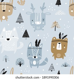 Vector hand-drawn seamless repeating color childish pattern with forest animals and lettering in Scandinavian style on a blue background. Scandinavian pattern with animals. Children's print.
