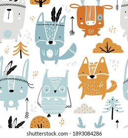 Vector hand-drawn seamless repeating color childish pattern with forest animals, plants and lettering in Scandinavian style on a white background. Scandinavian pattern with animals. Children's print.
