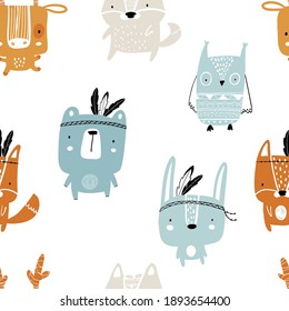 Vector hand-drawn seamless repeating color childish pattern with forest animals in Scandinavian style on a white background. Scandinavian pattern with animals. Children's print. 
