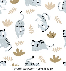 Vector hand-drawn seamless repeating color childish pattern with wild cats, plants in Scandinavian style on a white background. Print with tigers and jaguars. Jungle animals.

