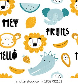 Patrón infantil de color repitiendo sin costura vectorial con animales africanos y frutas al estilo escandinavo sobre un fondo blanco. Patrón escandinavo con animales. León, elefante, mono.