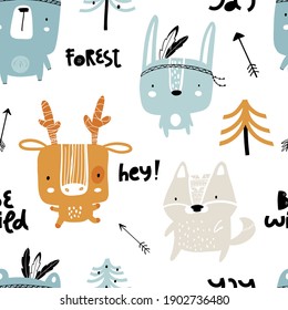 Vector hand-drawn seamless repeating color childish pattern with forest animals, plants and lettering in Scandinavian style on a white background. Scandinavian pattern with animals. Children's print.
