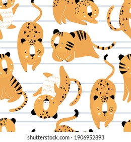 Vector hand-drawn seamless repeating color childish pattern with wild cats in Scandinavian style on a white background. Print with tigers and jaguars. Jungle animals.