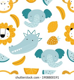 Vector hand-drawn seamless repeating color childish pattern with african animals and fruits in Scandinavian style on a white background. Scandinavian pattern with animals. Lion, elephant, monkey.