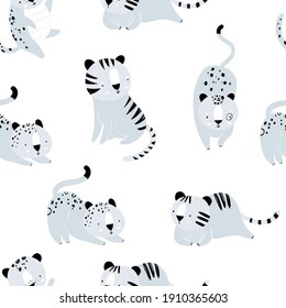 Vector hand-drawn seamless repeating color childish pattern with wild cats in Scandinavian style on a white background. Print with tigers and jaguars. Jungle animals.
