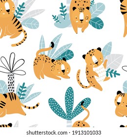 Vector hand-drawn seamless repeating color childish pattern with wild cats, plants and palms in Scandinavian style on a white background. Print with tigers and jaguars. Jungle animals.