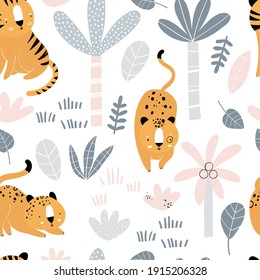 Vector hand-drawn seamless repeating color childish pattern with wild cats, plants and palms in Scandinavian style on a white background. Print with tigers and jaguars. Jungle animals.