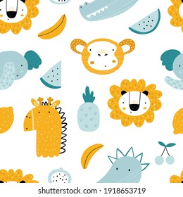 Vector hand-drawn seamless repeating color childish pattern with african animals and fruits in Scandinavian style on a white background. Scandinavian pattern with animals. Lion, elephant, monkey.