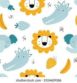 Vector hand-drawn seamless repeating color childish pattern with african animals and fruits in Scandinavian style on a white background. Scandinavian pattern with animals. Lion, elephant, crocodile.