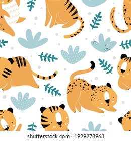 Vector hand-drawn seamless repeating color childish pattern with wild cats, plants and leaves in Scandinavian style on a white background. Print with tigers and jaguars. Jungle animals.