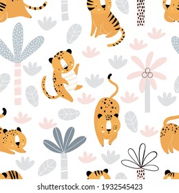 Vector hand-drawn seamless repeating color childish pattern with wild cats, plants and palms in Scandinavian style on a white background. Print with tigers and jaguars. Jungle animals.