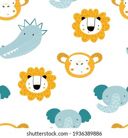 Vector hand-drawn seamless repeating color childish pattern with african animals in Scandinavian style on a white background. Scandinavian pattern with animals. Lion, elephant, monkey,crocodile.