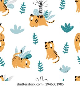 Vector hand-drawn seamless repeating color childish pattern with wild cats, plants and palms in Scandinavian style on a white background. Print with tigers and jaguars. Jungle animals.