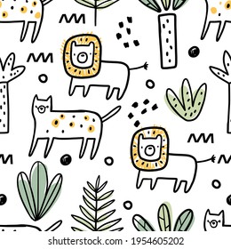 Vector hand-drawn seamless repeating color childish pattern with wild cats, plants and palms in Scandinavian style on a white background. Print with tigers and jaguars. Jungle animals.