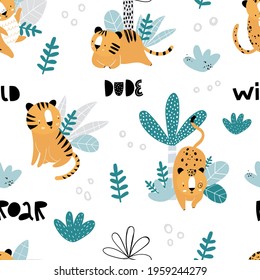 Vector hand-drawn seamless repeating color childish pattern with wild cats, plants and palms in Scandinavian style on a white background. Print with tigers and jaguars. Jungle animals.