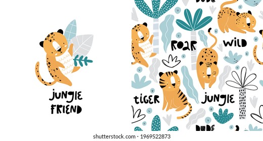 Vector hand-drawn seamless repeating color childish pattern with wild cats, plants and palms in Scandinavian style on a white background. Print with tigers and jaguars for kids wear. Jungle.
