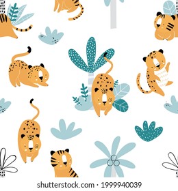 Vector hand-drawn seamless repeating color childish pattern with wild cats, plants and palms in Scandinavian style on a white background. Print with tigers and jaguars. Jungle animals.