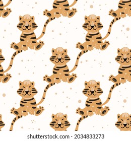 Vector hand-drawn seamless repeating color childish pattern with cute tigers in Scandinavian style. Print with wild animals. Jungle. Kids backgrounds