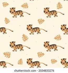 Vektor handgezeichnet nahtlos wiederholende farbige Muster mit süßen Tigern im skandinavischen Stil. Drucken Sie mit wilden Tieren. Dschungel. Kinderhintergründe