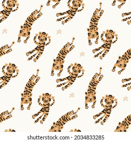 Vector hand-drawn seamless repeating color childish pattern with cute tigers in Scandinavian style. Print with wild animals. Jungle. Kids backgrounds
